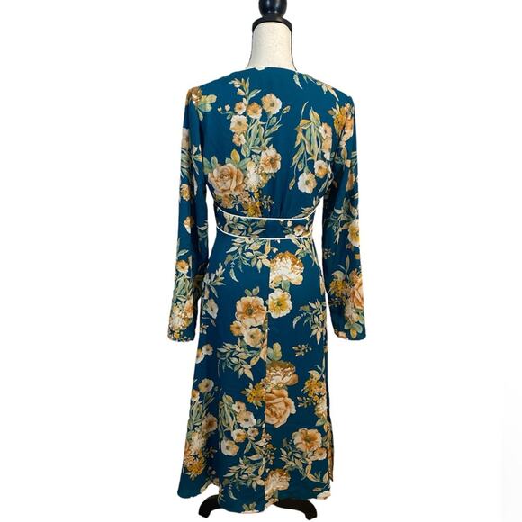 June & Hudson Teal Floral Button Front Midi Dress Size Medium - Picture 3 of 9
